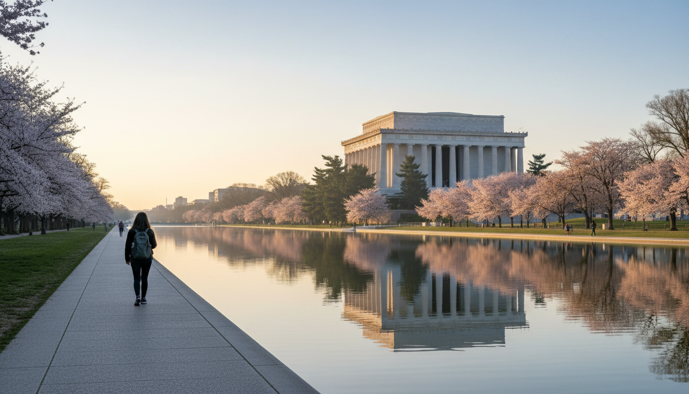 Early morning view of the Lincoln Memorial reflecting pool with soft golden light, a lone figure wal