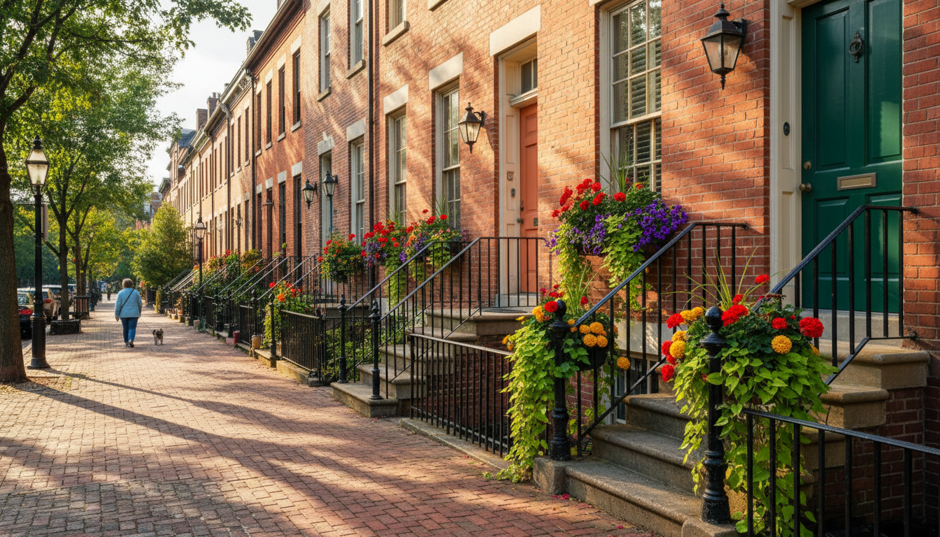 Charming Capitol Hill rowhouses with colorful doors, iron railings, and window boxes full of flowers