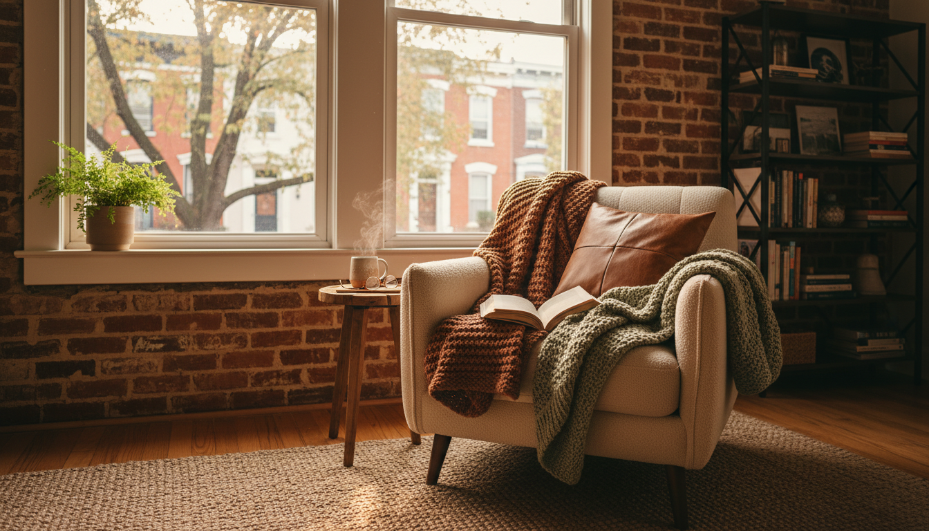 Cozy DC apartment interior with exposed brick, a comfortable reading nook by a window overlooking a