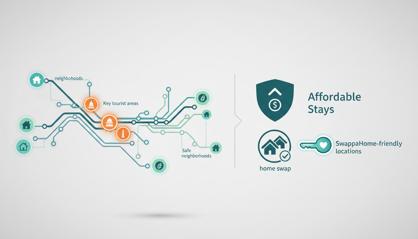 Washington DC Metro map with key tourist areas and safe neighborhoods highlighted, clean infographic