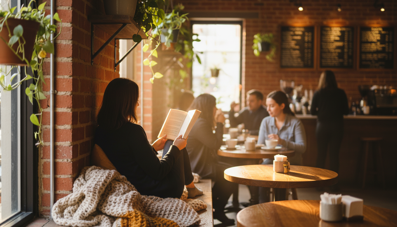 Solo traveler reading a book at a sunny window seat in a DC coffee shop, exposed brick walls, plants