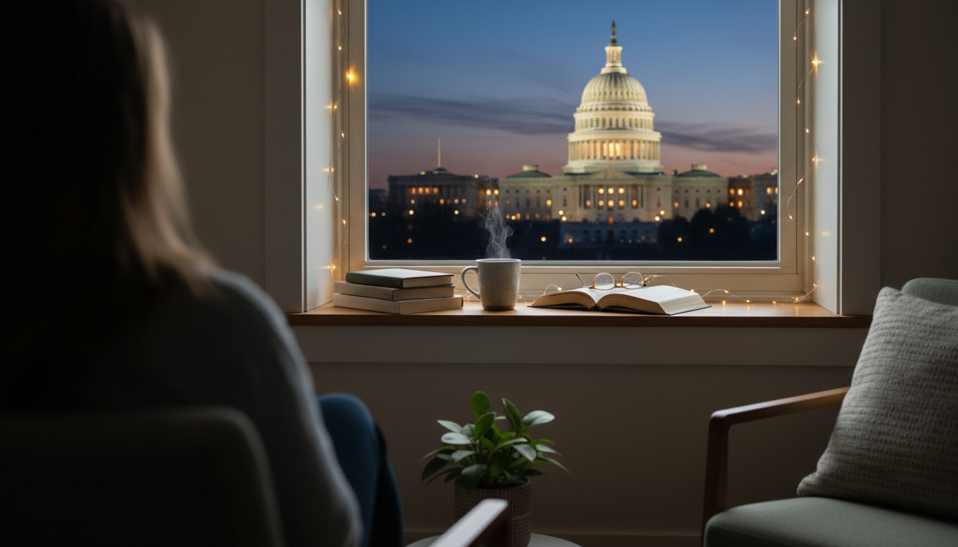 The illuminated Capitol dome at dusk seen from a cozy apartment window, with a cup of tea and an ope