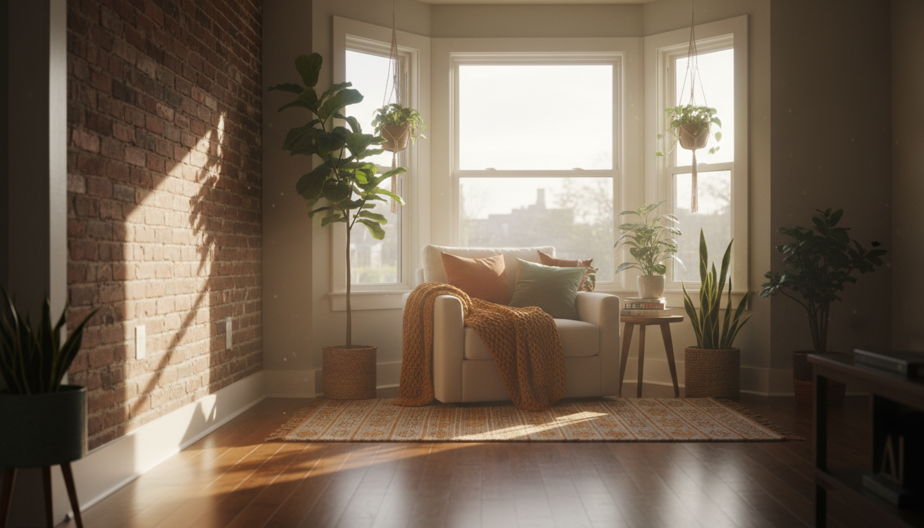 Morning light streaming through bay windows of a Capitol Hill row house, hardwood floors, exposed br