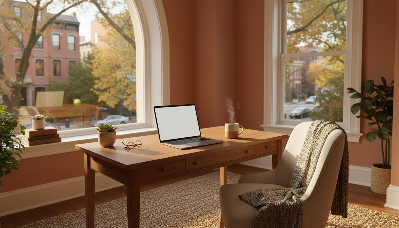 A cozy home office setup in a DC apartment with a laptop, coffee, and a window view of tree-lined st