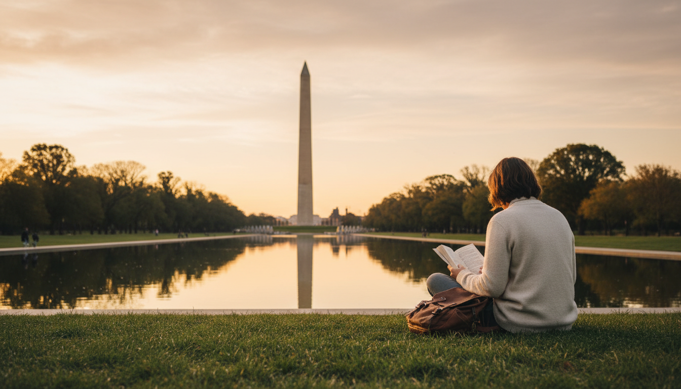 The Washington Monument reflected in the Reflecting Pool at golden hour, with a solo figure sitting