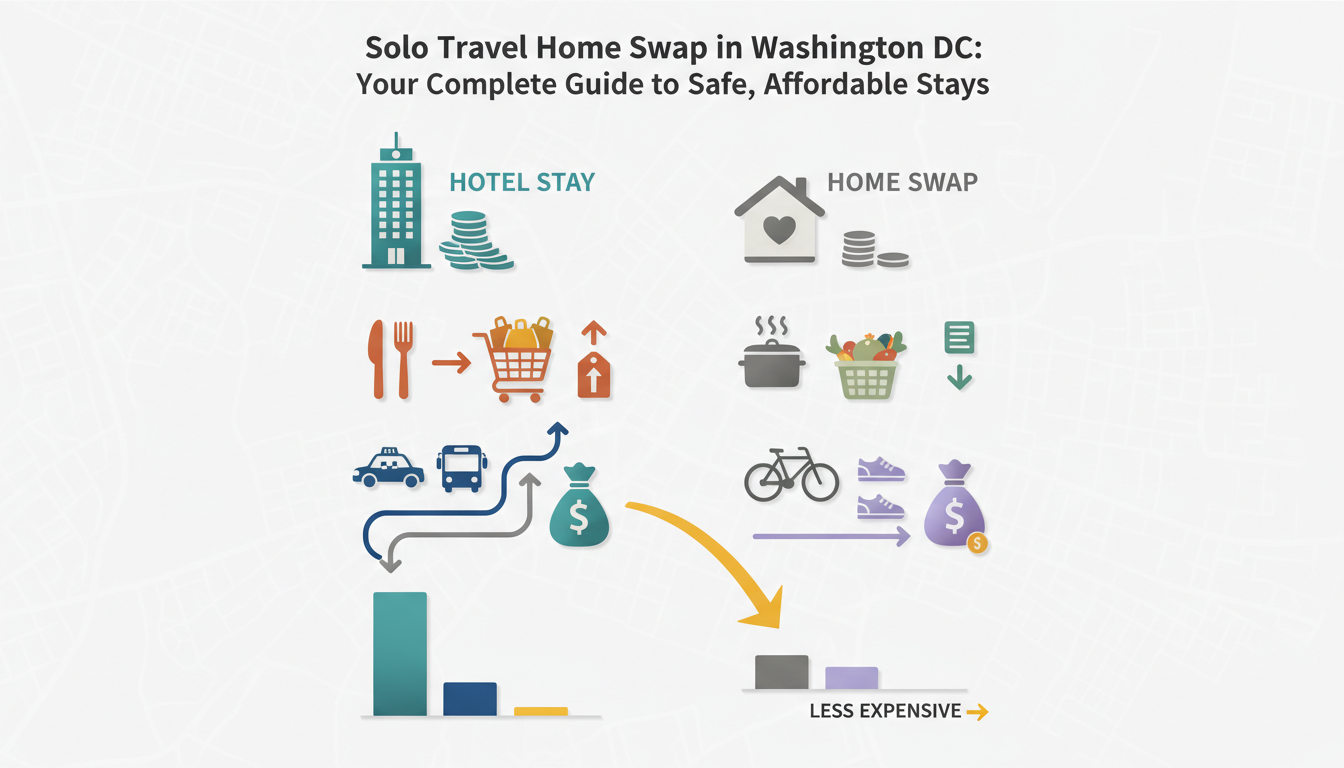 Infographic showing cost comparison between hotel stay vs home swap in DC over one week, with icons