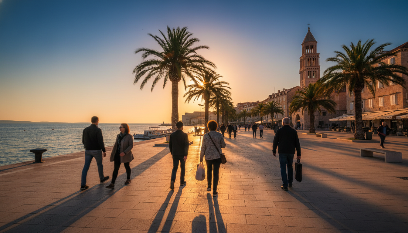 Golden hour view of Splits Riva promenade with locals walking along the waterfront, palm trees swayi