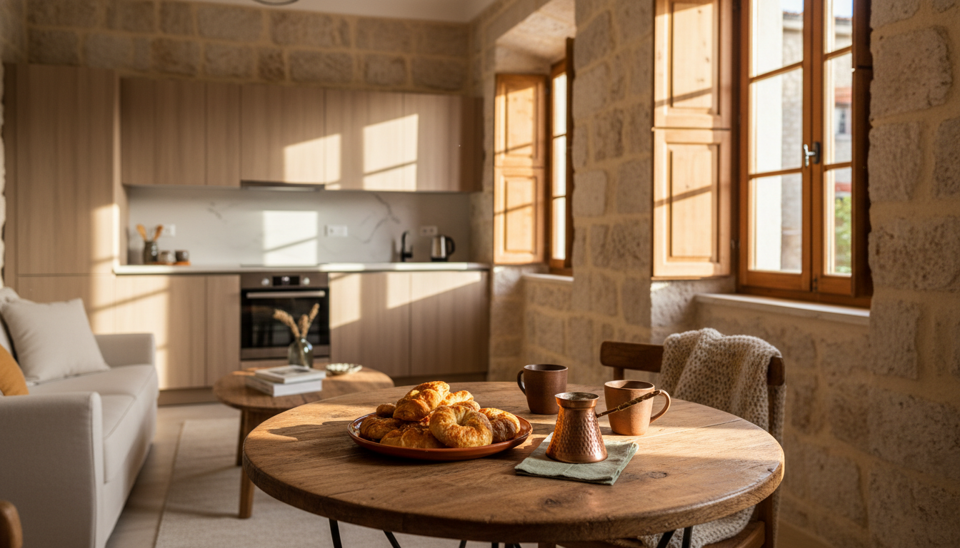Cozy interior of a traditional Split apartment with exposed stone walls, modern kitchen, and morning