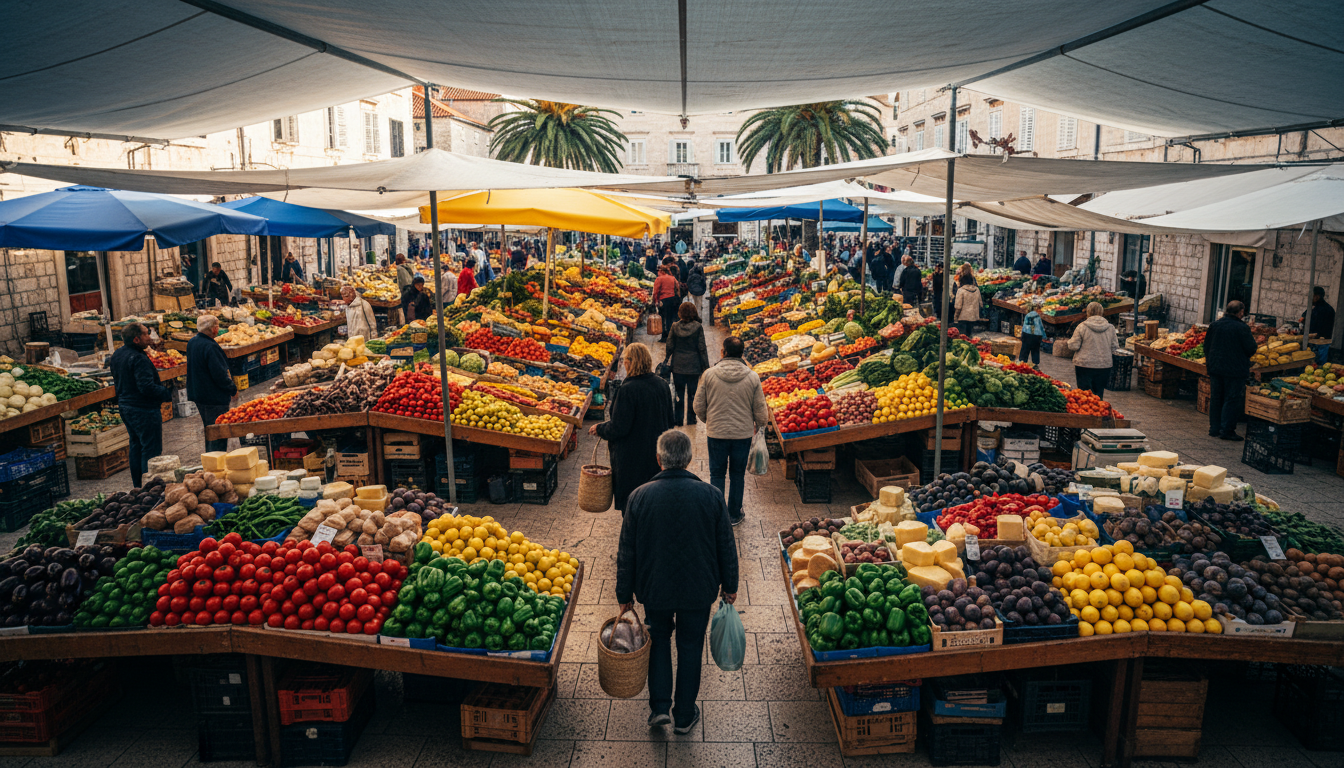 Overhead view of Splits Pazar market with colorful produce stalls, local vendors, and morning shoppe
