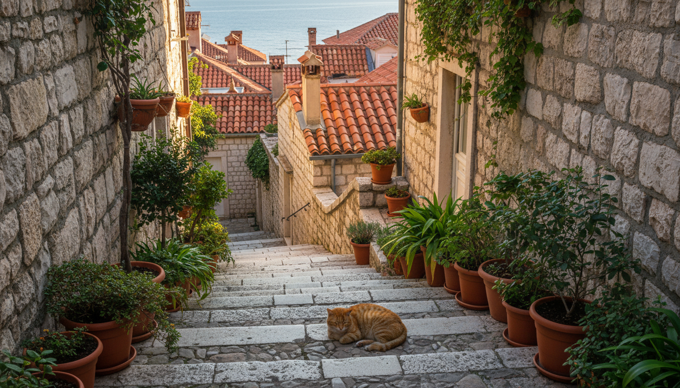 Narrow stone staircase in Splits Varo neighborhood with potted plants on each step, an orange cat sl