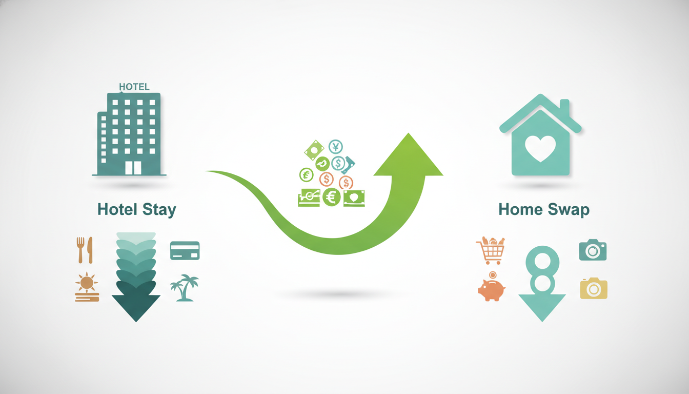 Comparison infographic showing Split travel costs hotel stay vs home swap savings over 2 weeks, with