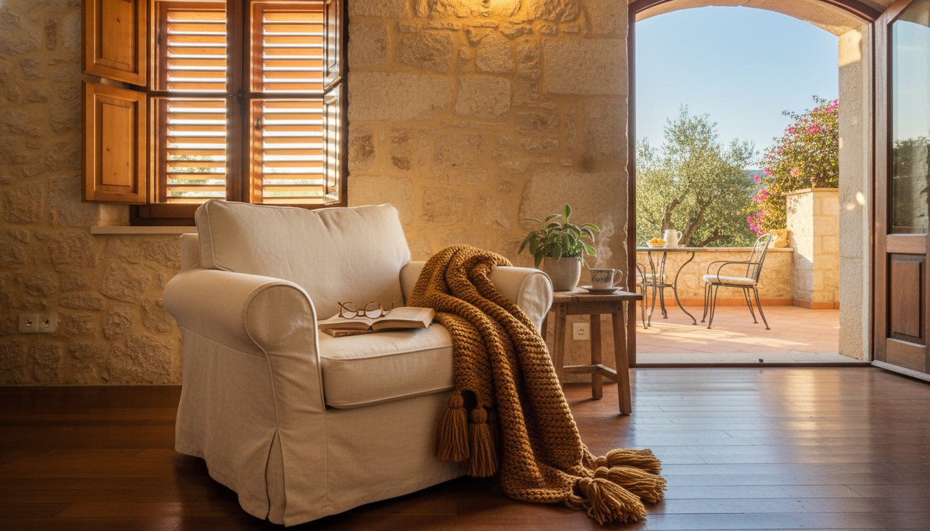 Cozy living room interior in a Split stone house, afternoon light through wooden shutters, comfortab