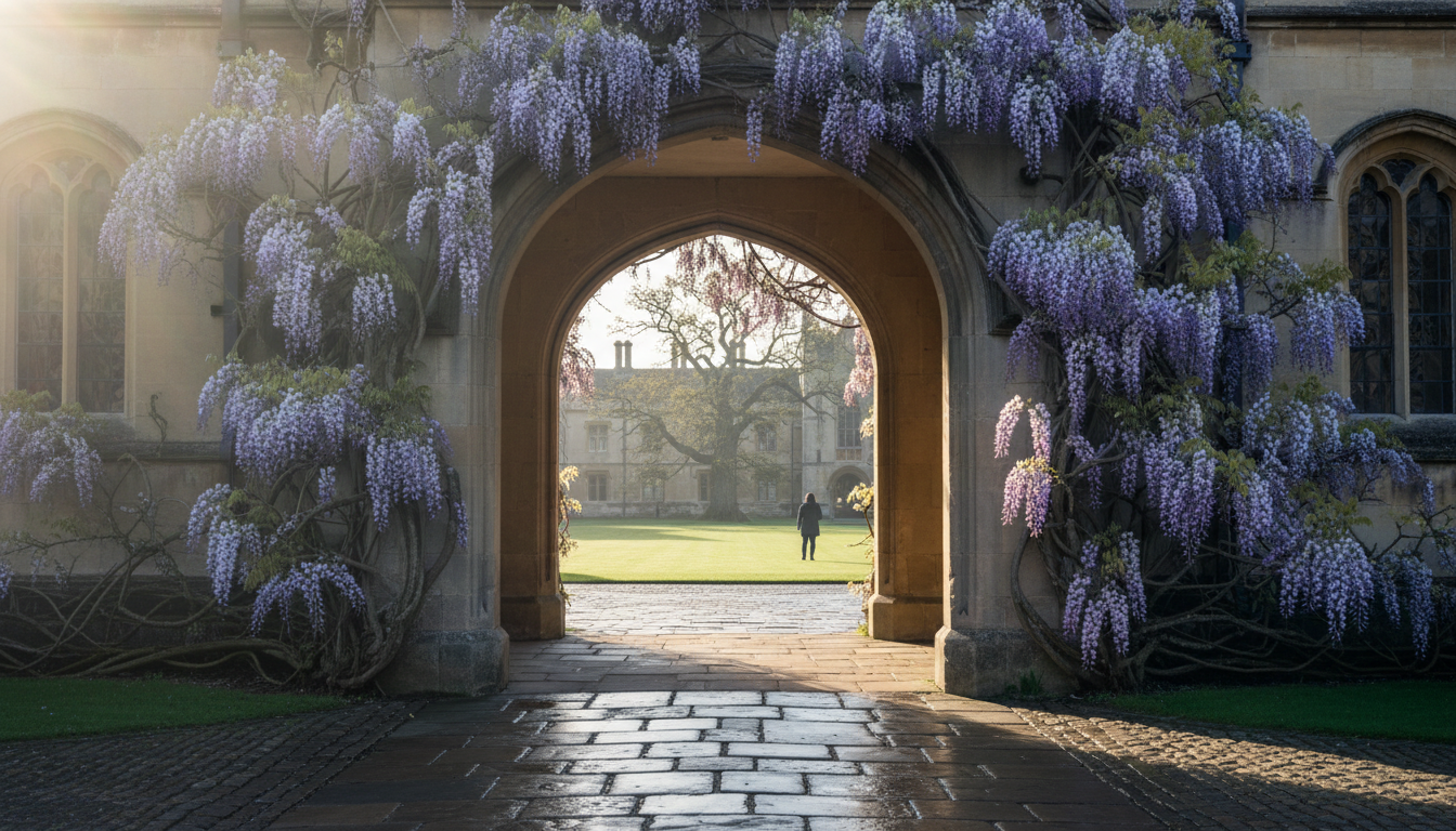 Morning light filtering through wisteria-covered stone archway in Oxford, with glimpses of a college