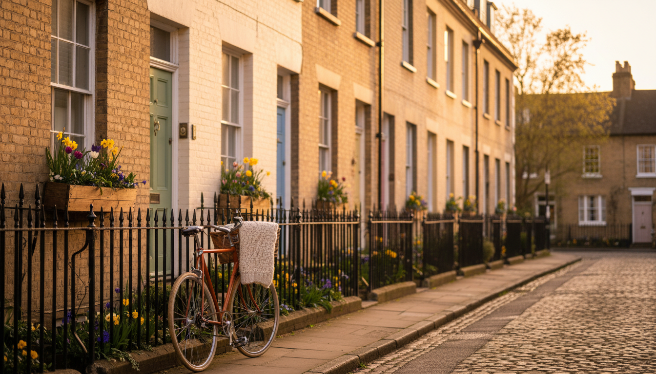Narrow Victorian terrace street in Jericho, Oxford, with pastel-painted doors, window boxes full of
