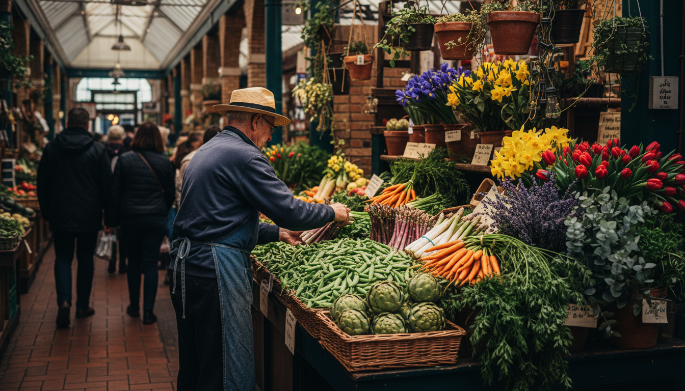Interior of Oxfords Covered Market, showing a vintage produce stall with spring vegetables, bunches
