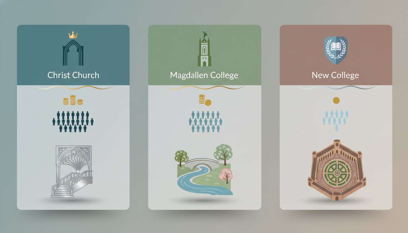 Infographic showing Oxford college visiting comparison - Christ Church vs Magdalen vs New College, w