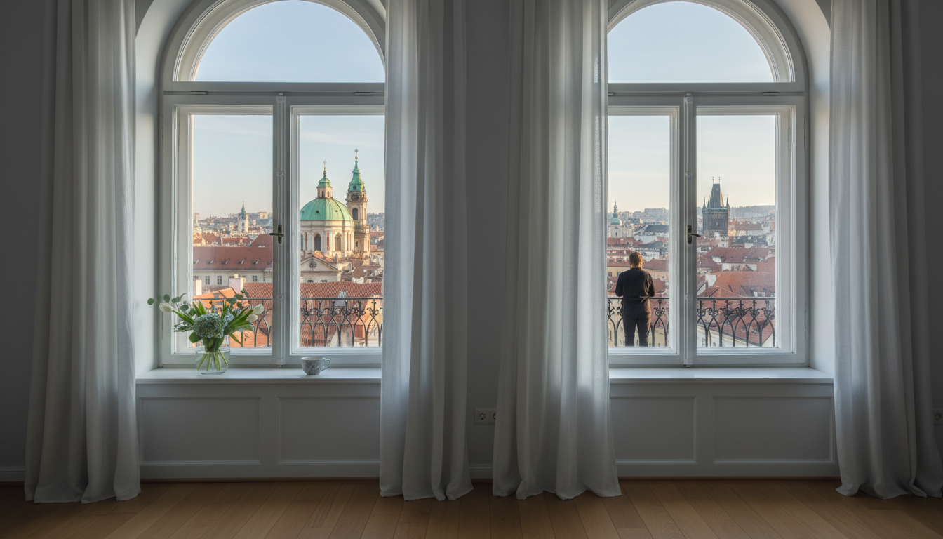 Morning light streaming through tall windows of a Prague apartment, with a view of red rooftops and