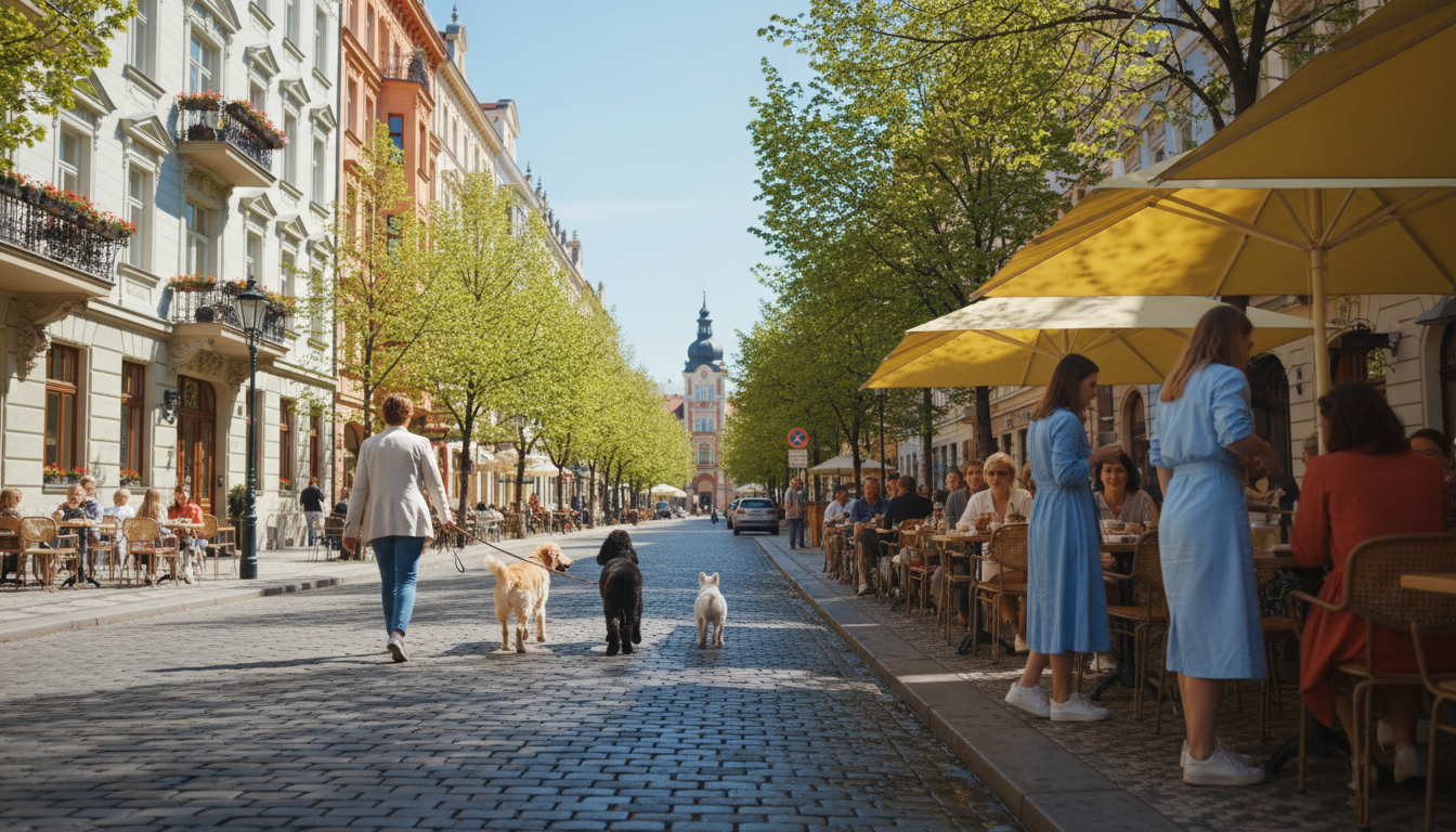 Tree-lined street in Vinohrady neighborhood with art nouveau buildings, outdoor caf with people enjo