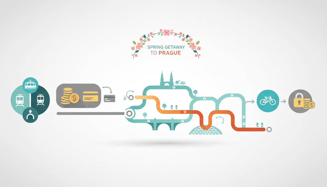 Infographic showing Prague transit options with costs 30-day pass 550 CZK24, single ticket 40 CZK1.7