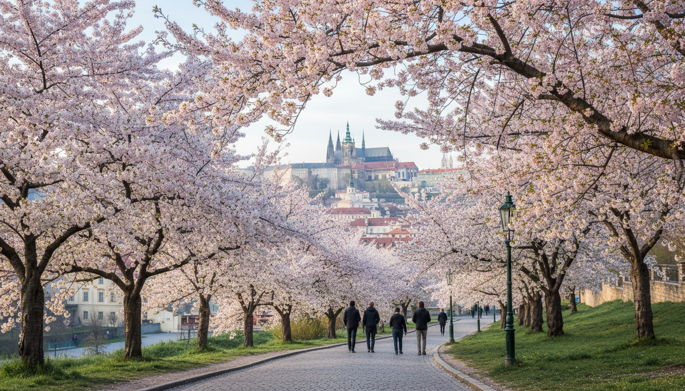 Cherry blossoms in full bloom at Petn Hill with Prague Castle visible in background, morning light,