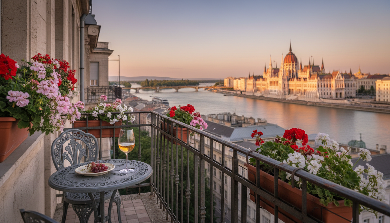 Golden hour view over the Danube from a residential balcony in Buda, with the Parliament building gl