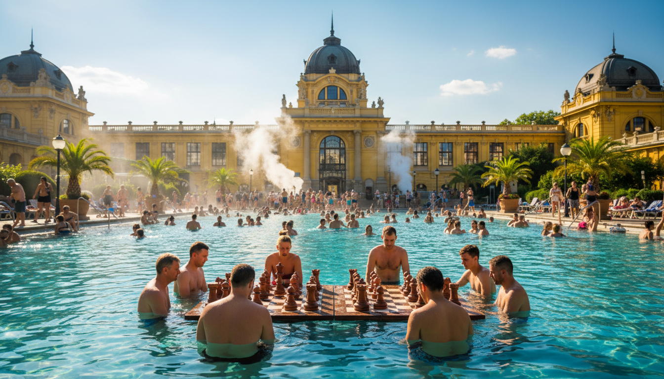 Crowded outdoor pool at Szchenyi Thermal Bath on a July afternoon, steam rising from the yellow neo-