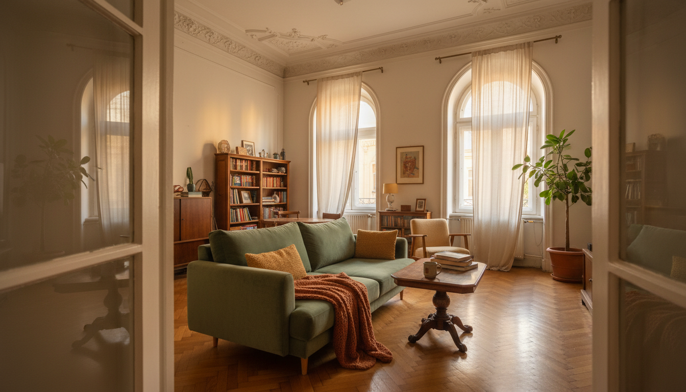Interior of a typical Budapest apartment in District VIIhigh ceilings with ornate molding, parquet f
