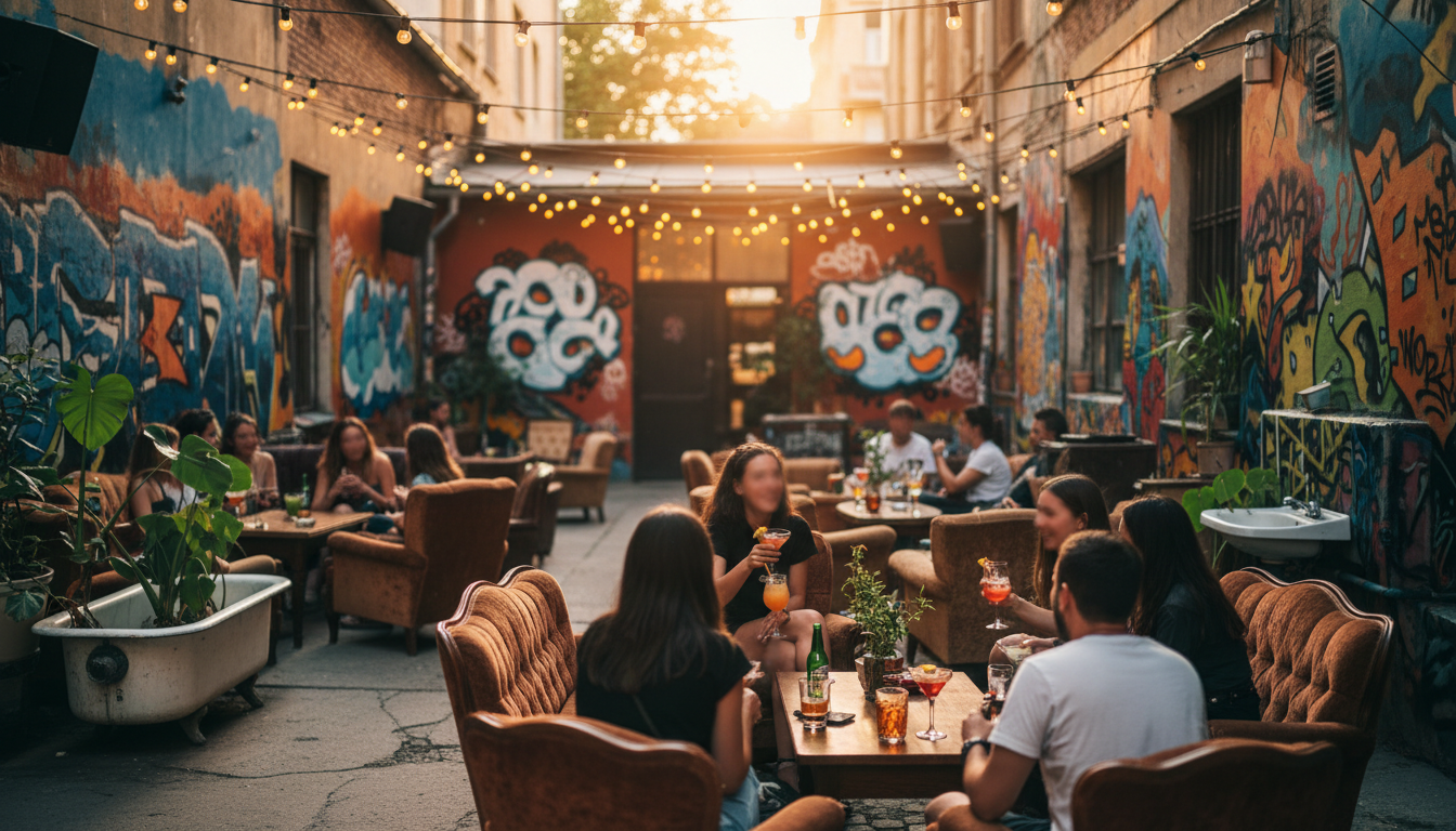 Evening scene in a Budapest ruin bar courtyardstring lights overhead, mismatched vintage furniture,