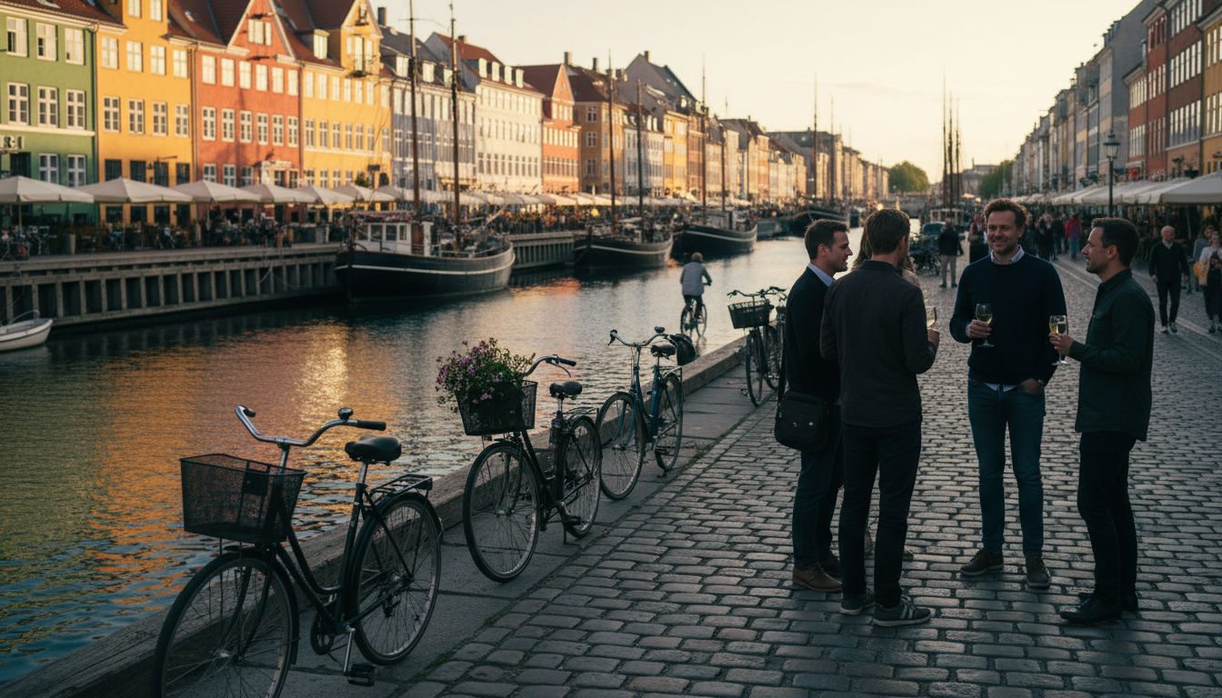 Golden hour light washing over Nyhavns colorful townhouses with locals drinking wine on the canal ed