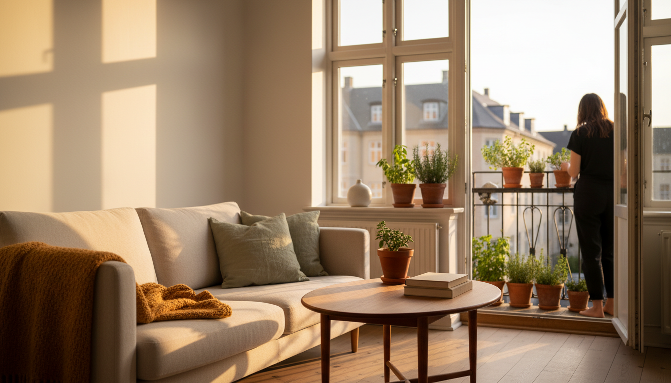 A cozy Vesterbro apartment interior with white walls, Danish modern furniture, large windows letting