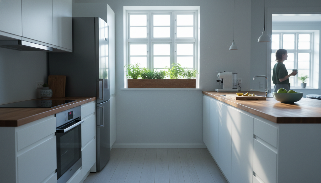 A typical Danish galley kitchen with white cabinets, butcher block counters, small but efficient app