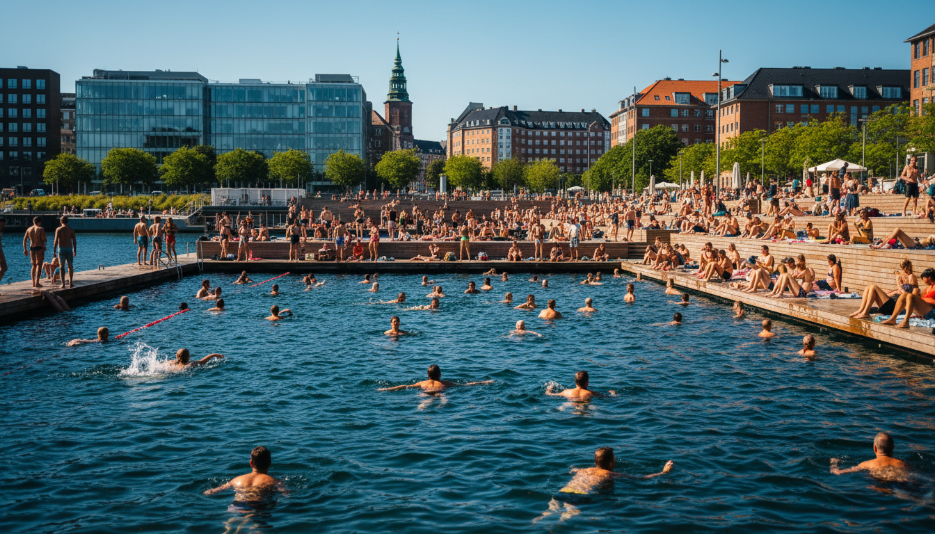 Islands Brygge harbor bath on a sunny summer day, swimmers in the clean harbor water, the wooden dec