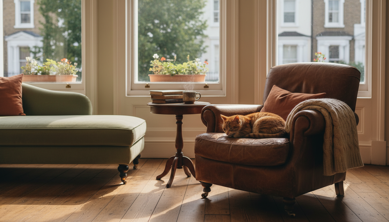 Golden hour light streaming through tall Victorian windows in a Notting Hill townhouse, casting long