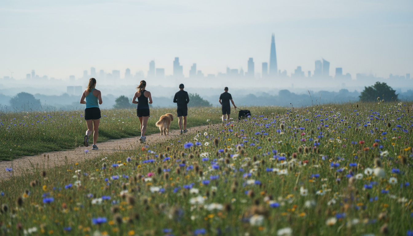 Hampstead Heath on a summer morning, joggers and dog walkers on the paths, the London skyline visibl