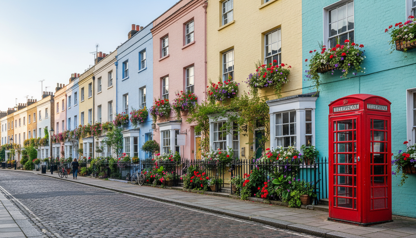 Colorful pastel townhouses on a quiet Notting Hill street, window boxes overflowing with summer flow