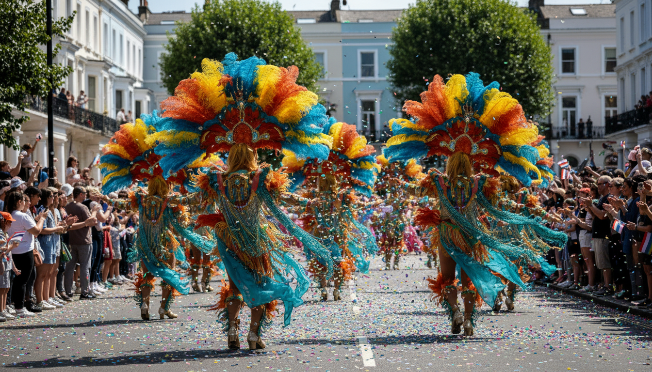 Notting Hill Carnival scene with elaborate feathered costumes in bright colors, dancers in the stree