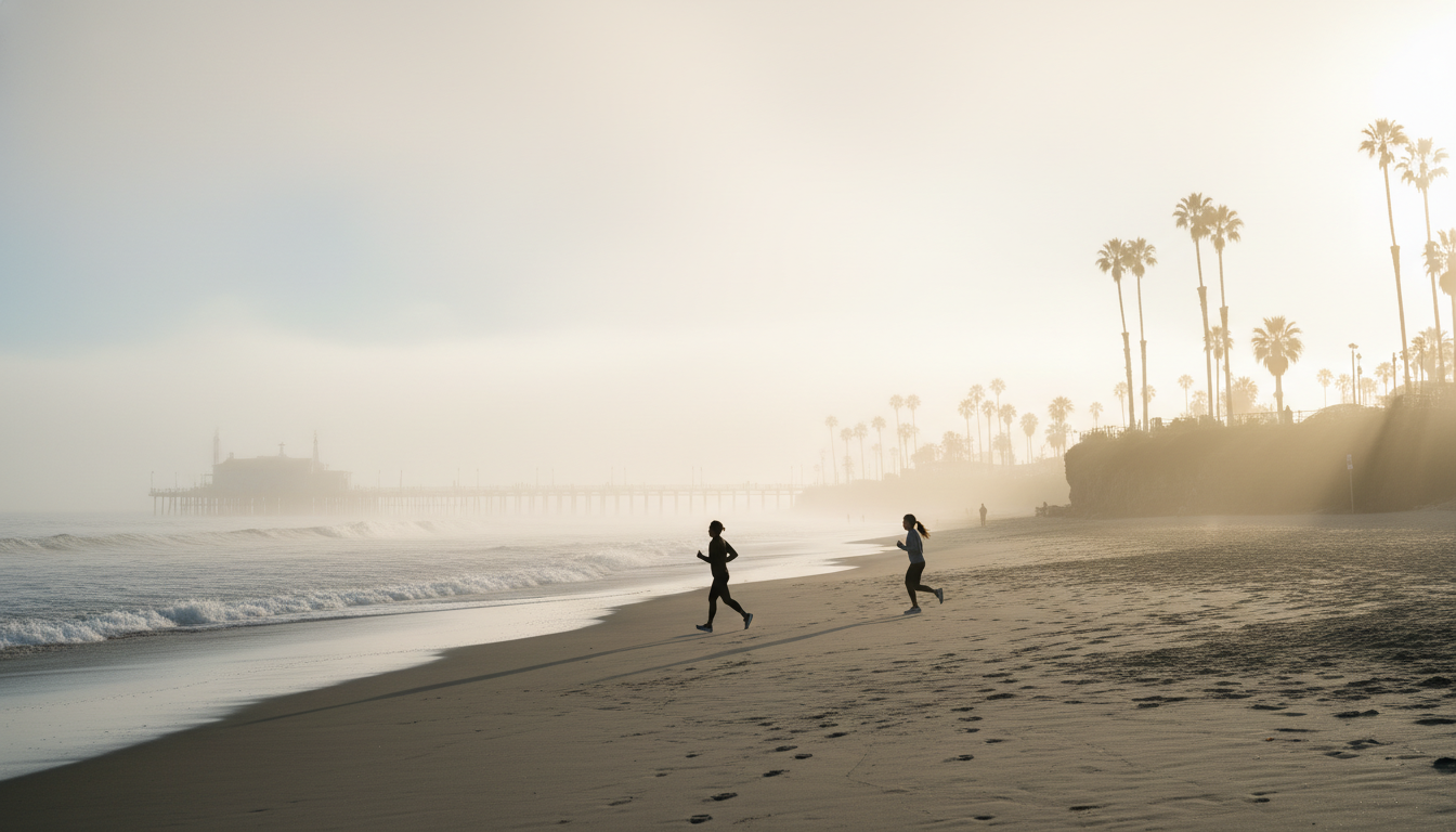 Morning marine layer lifting over Santa Monica beach with silhouettes of palm trees, soft golden lig
