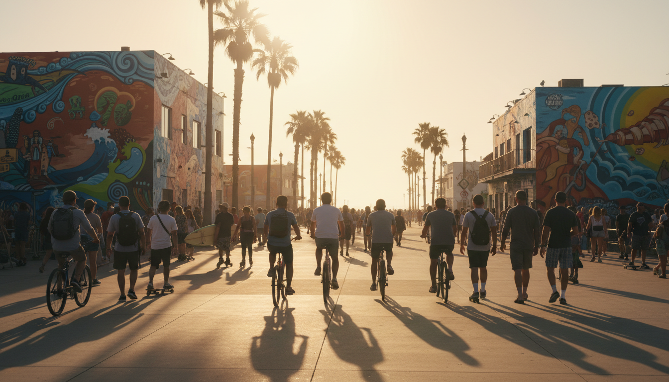 Venice Beach boardwalk in golden hour light, colorful murals on buildings, a mix of cyclists and ped