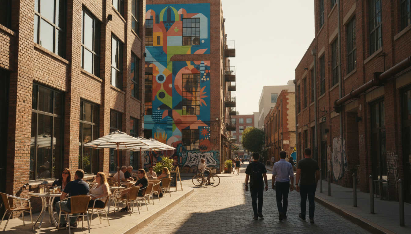 Downtown LA Arts District street scene with industrial buildings converted to lofts, colorful murals