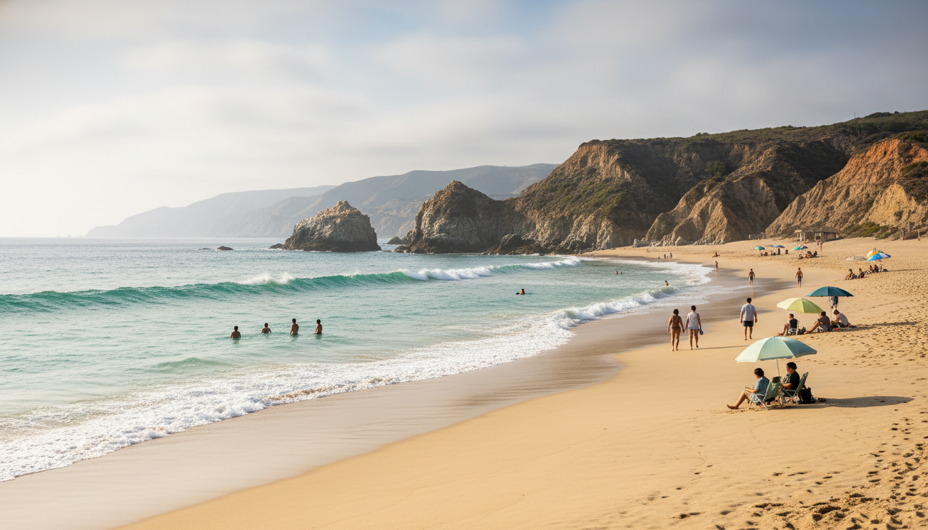 Zuma Beach in Malibu with golden sand, turquoise water, rocky cliffs in background, sparse crowd of