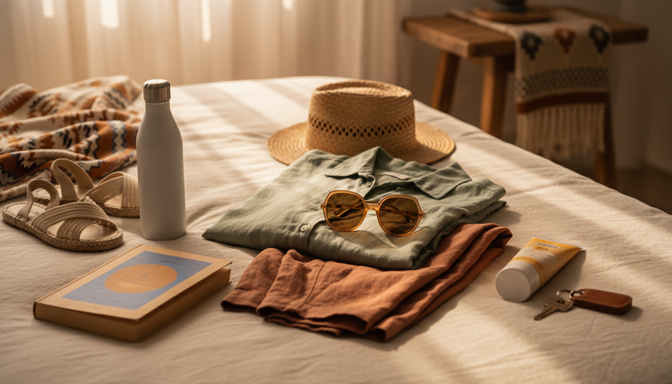 Flat lay of summer LA packing essentials on a bed - linen clothes, sunglasses, sandals, reusable wat