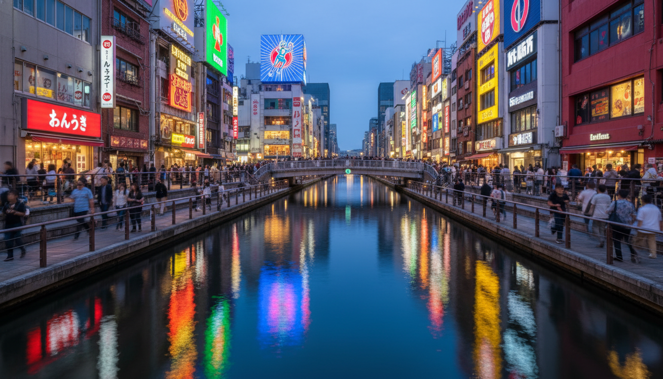 Bustling Dotonbori canal at dusk with neon lights reflecting on water, crowds walking along the rive