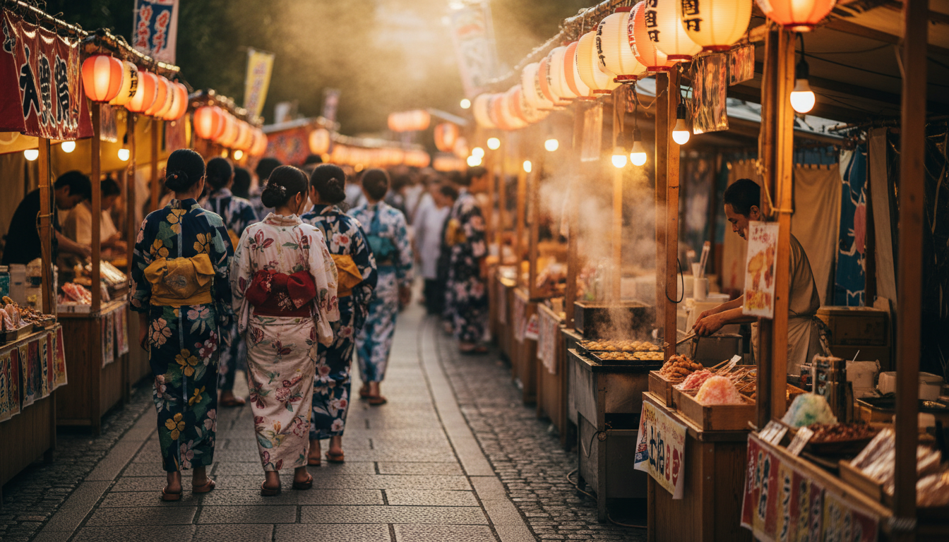 Traditional Japanese festival scene with people in colorful yukata walking between food stalls lit b