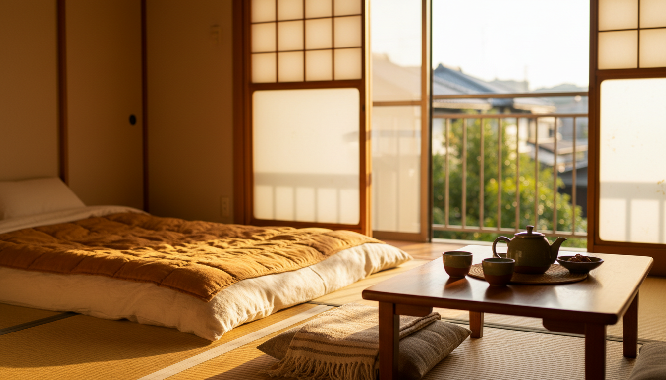 Cozy Japanese apartment interior showing tatami mat room with futon, shoji screens, small balcony wi