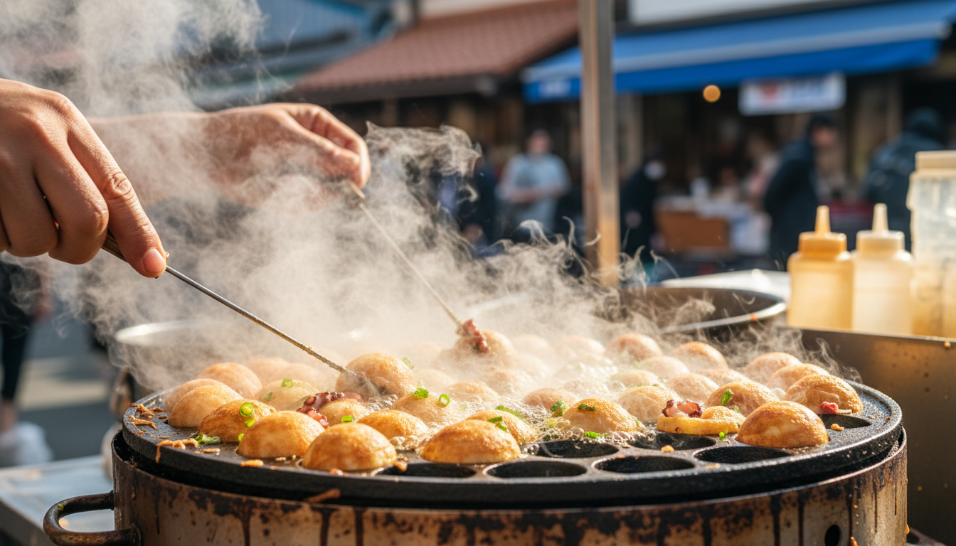Close-up of sizzling takoyaki being prepared on a traditional cast iron mold, with steam rising and