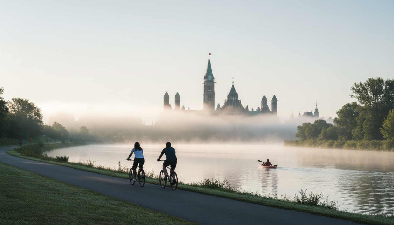 Morning light on the Rideau Canal with cyclists on the pathway, Parliament Hill visible in the misty