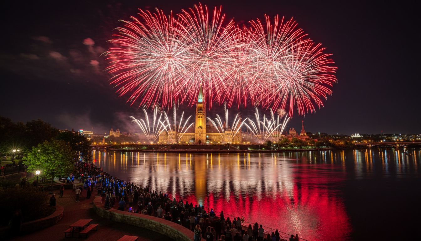 Canada Day fireworks exploding over Parliament Hill, crowds gathered along the Ottawa River, red and