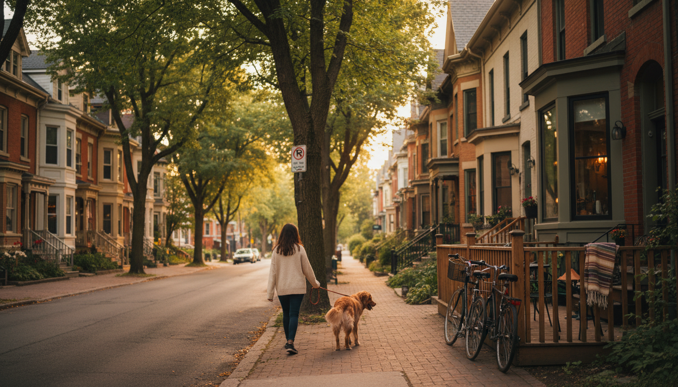 Tree-lined residential street in the Glebe with colorful Victorian townhouses, someone walking a dog