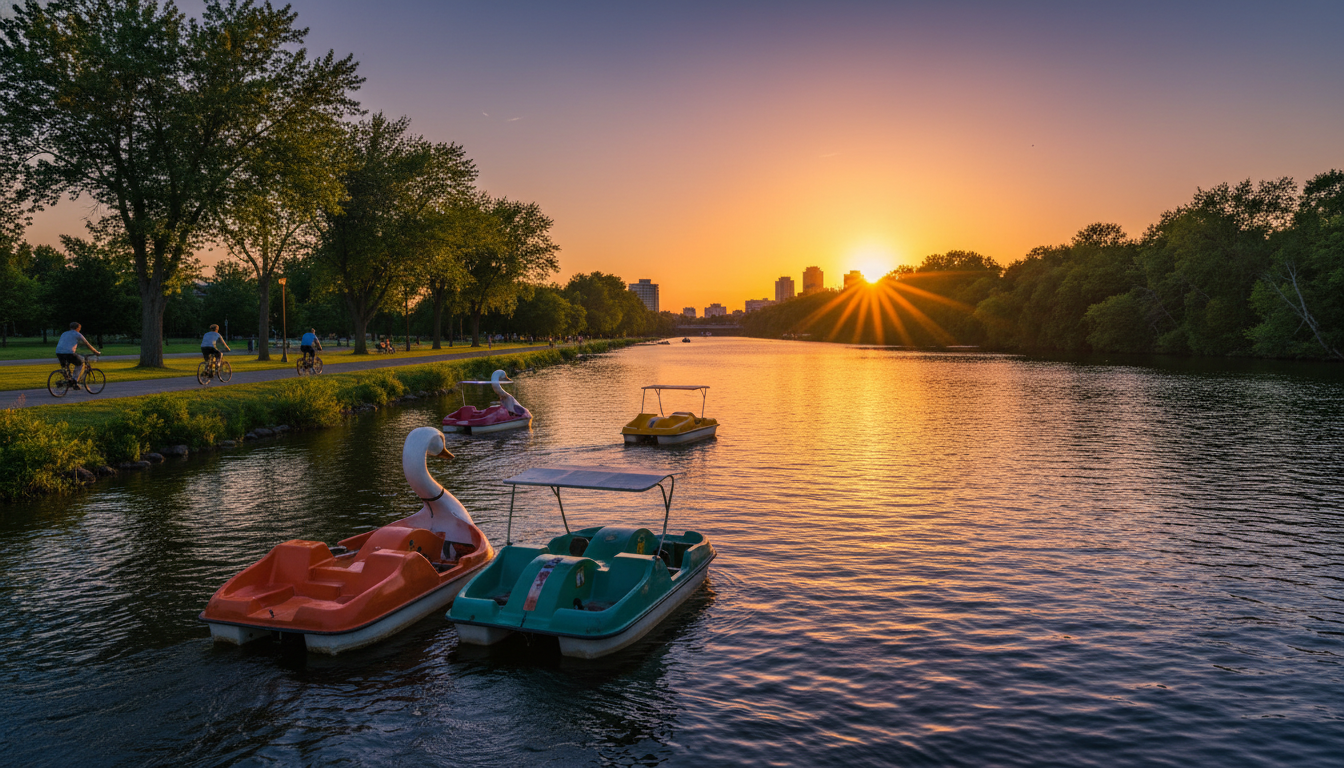 Sunset over Dows Lake with paddleboats in the foreground, the canal stretching into the distance, cy
