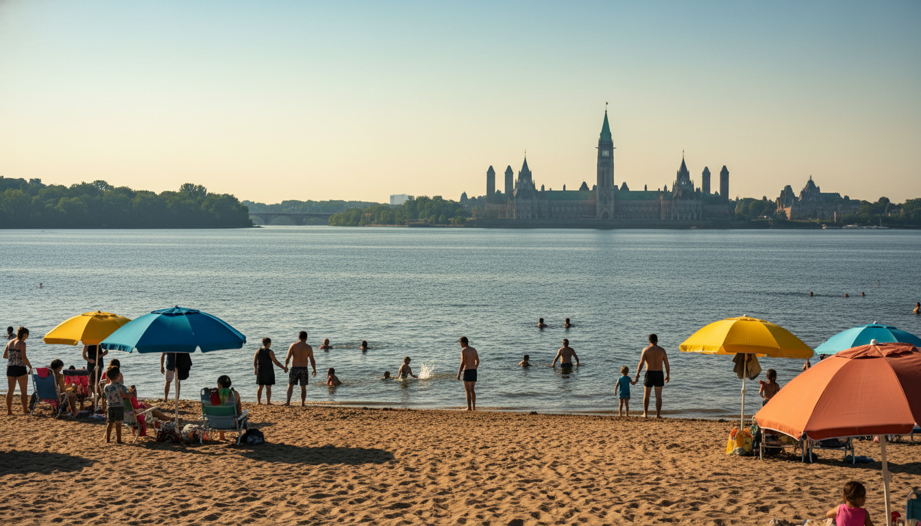 Westboro Beach on a summer afternoon, people swimming in the Ottawa River, sandy shore with colorful